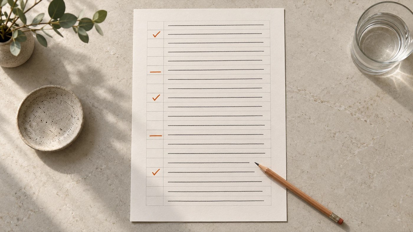 A ruled sheet of paper on a stone desk with a few rows ticked in orange, a pencil beside it.