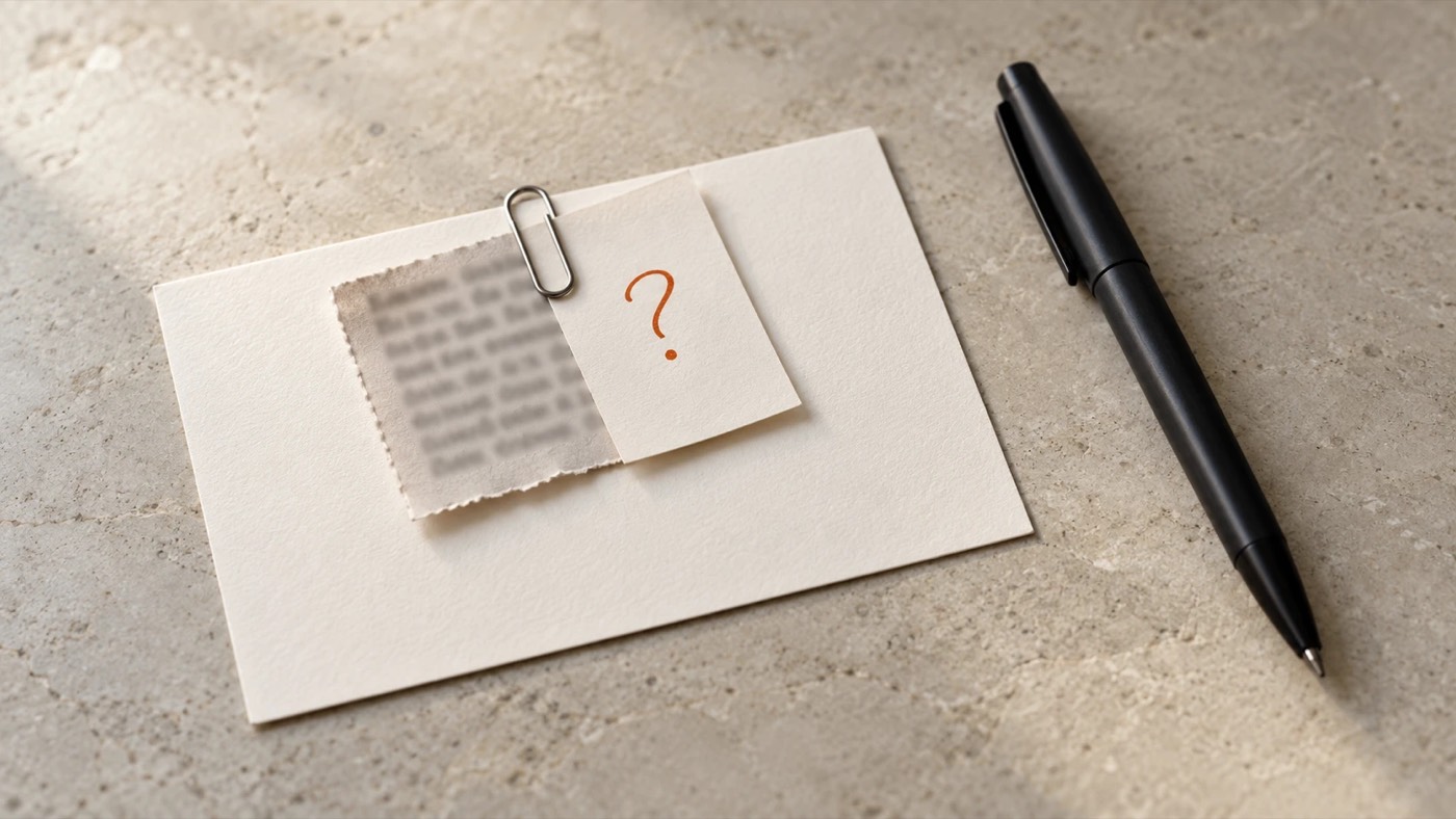 An index card with a printed cutting and a slip marked with an orange question mark clipped to it.