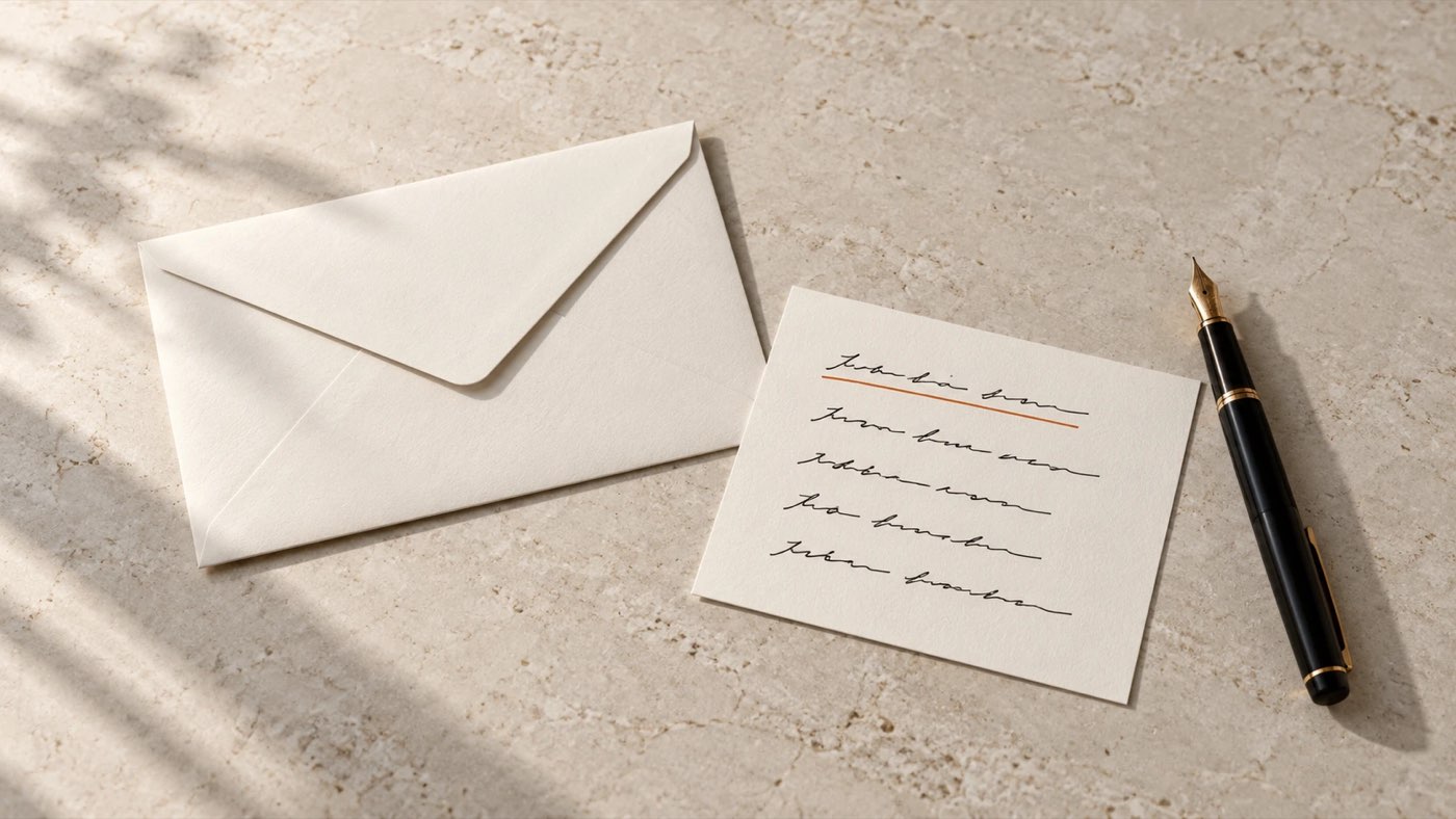 A plain envelope on a stone desk beside a card with five lines of handwriting, the first underlined in orange, and a fountain pen.